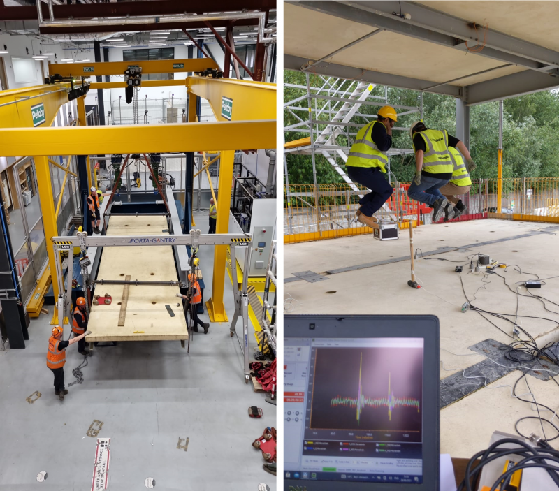 Left: Steel-CemFree Concrete Composite Floor, UCL Structures Laboratory Right: Steel-CemFree Concrete Composite Floor, UCL Structures Site Tests